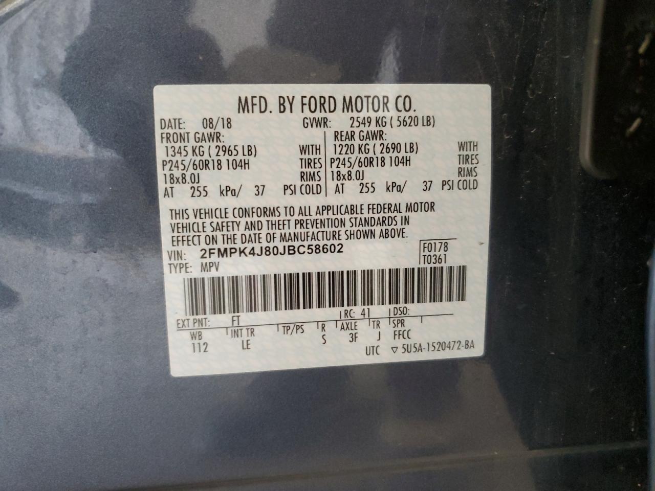 2018 Ford Edge Sel VIN: 2FMPK4J80JBC58602 Lot: 81060515