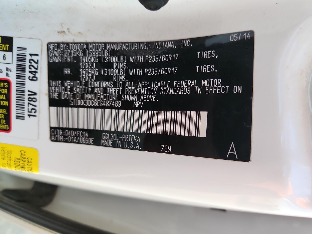 2014 Toyota Sienna Le VIN: 5TDKK3DC6ES487489 Lot: 81953395
