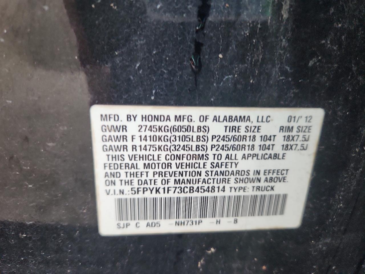 2012 Honda Ridgeline Sport VIN: 5FPYK1F73CB454814 Lot: 84222215