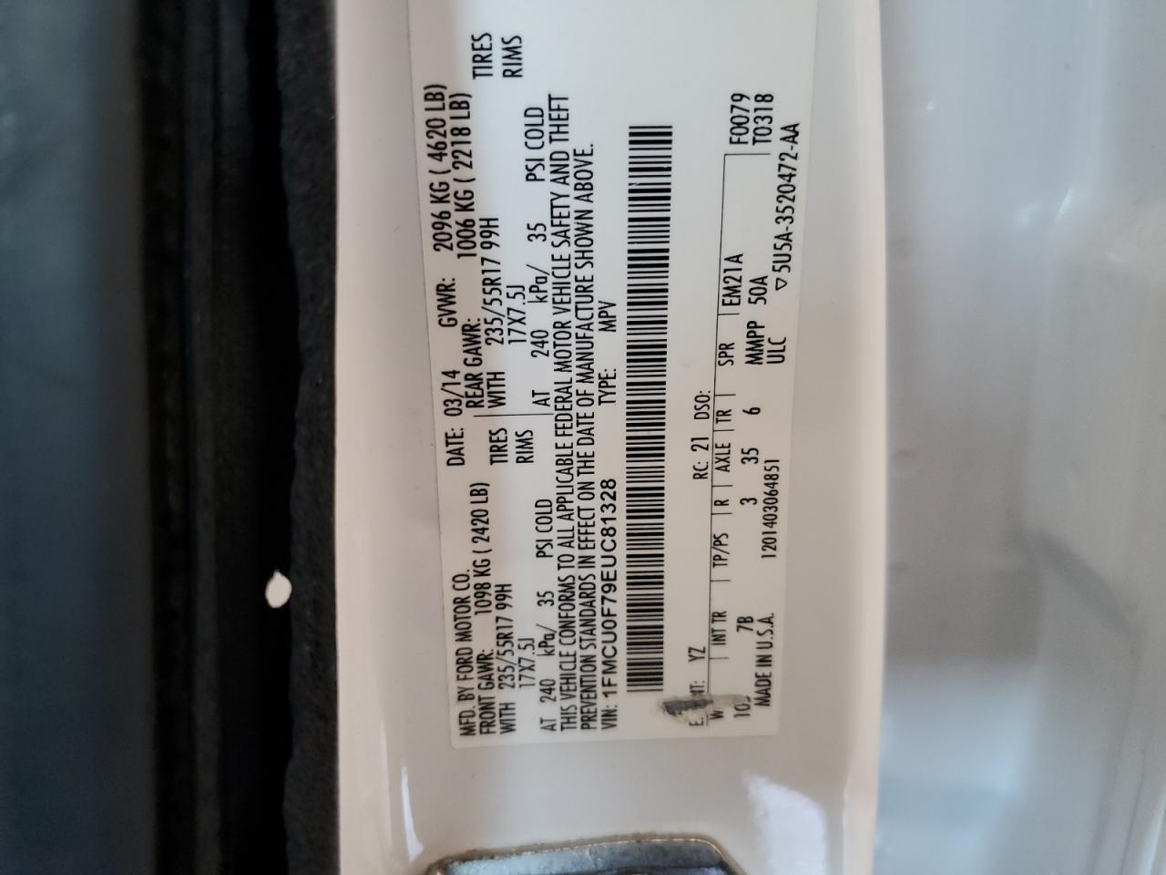 2014 Ford Escape S VIN: 1FMCU0F79EUC81328 Lot: 80948545