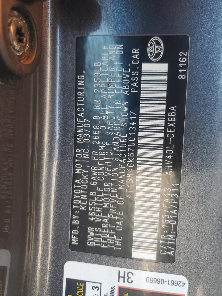 2007 Toyota Camry Hybrid VIN: 4T1BB46K67U013417 Lot: 84397395