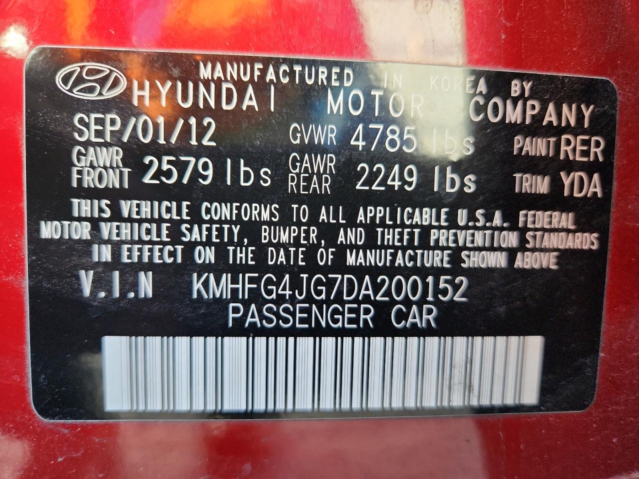 2013 Hyundai Azera VIN: KMHFG4JG7DA200152 Lot: 80840655