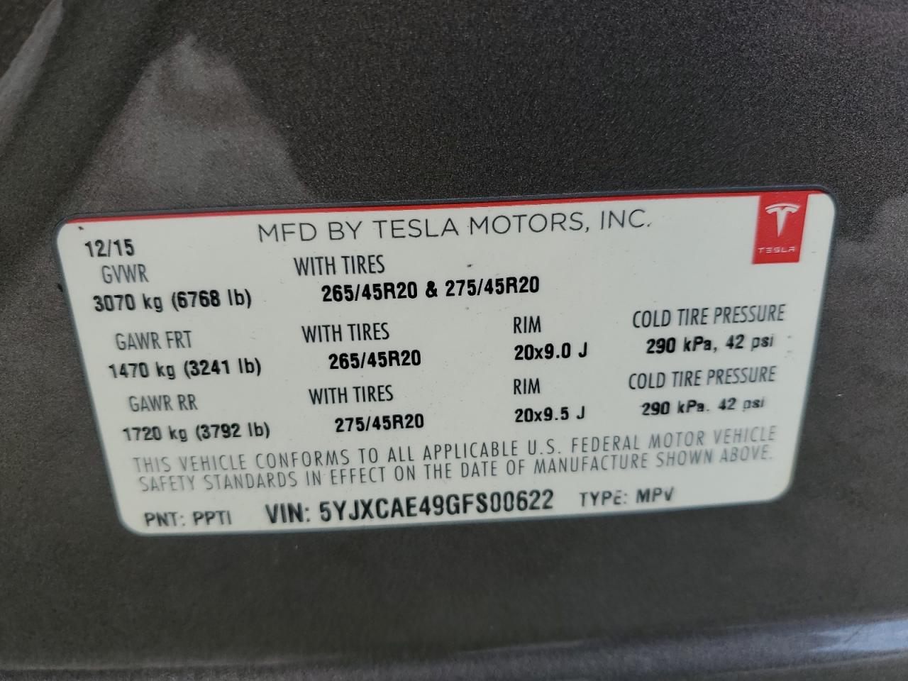 2016 Tesla Model X VIN: 5YJXCAE49GFS00622 Lot: 80569915