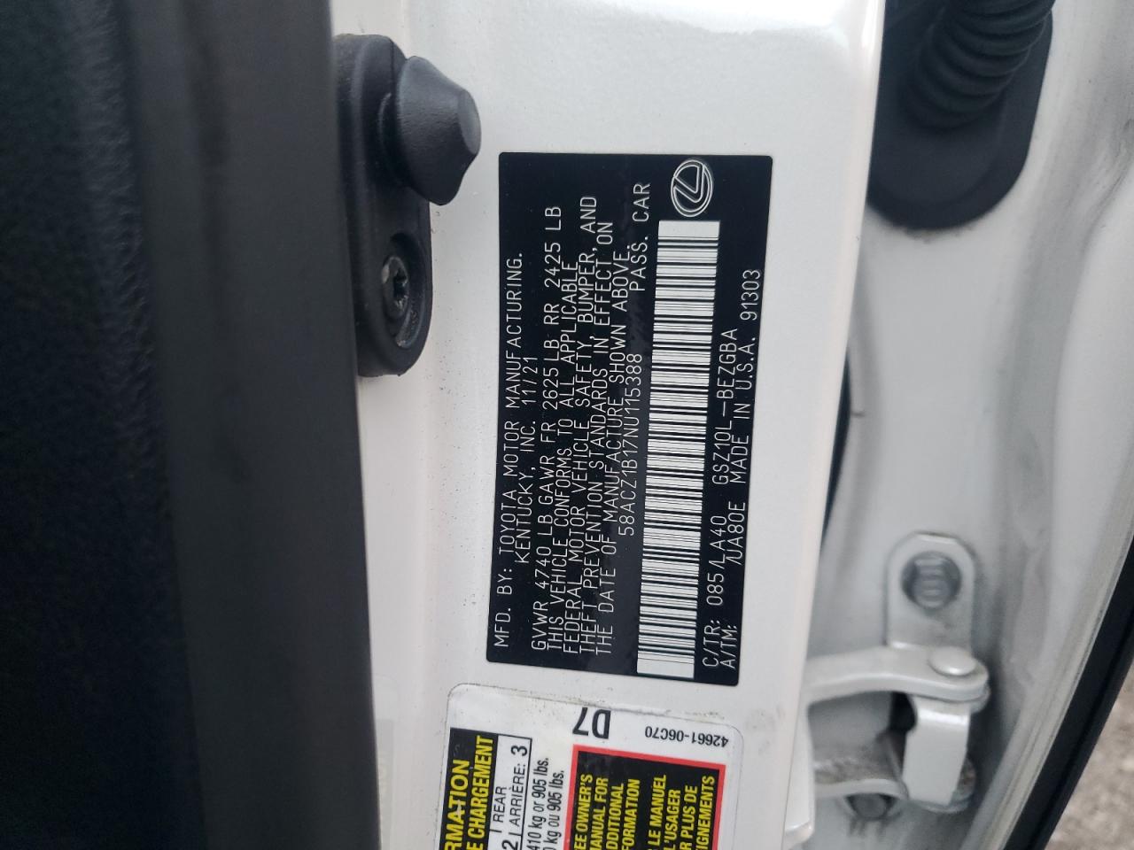 2022 Lexus Es 350 Base VIN: 58ACZ1B17NU115388 Lot: 80756995