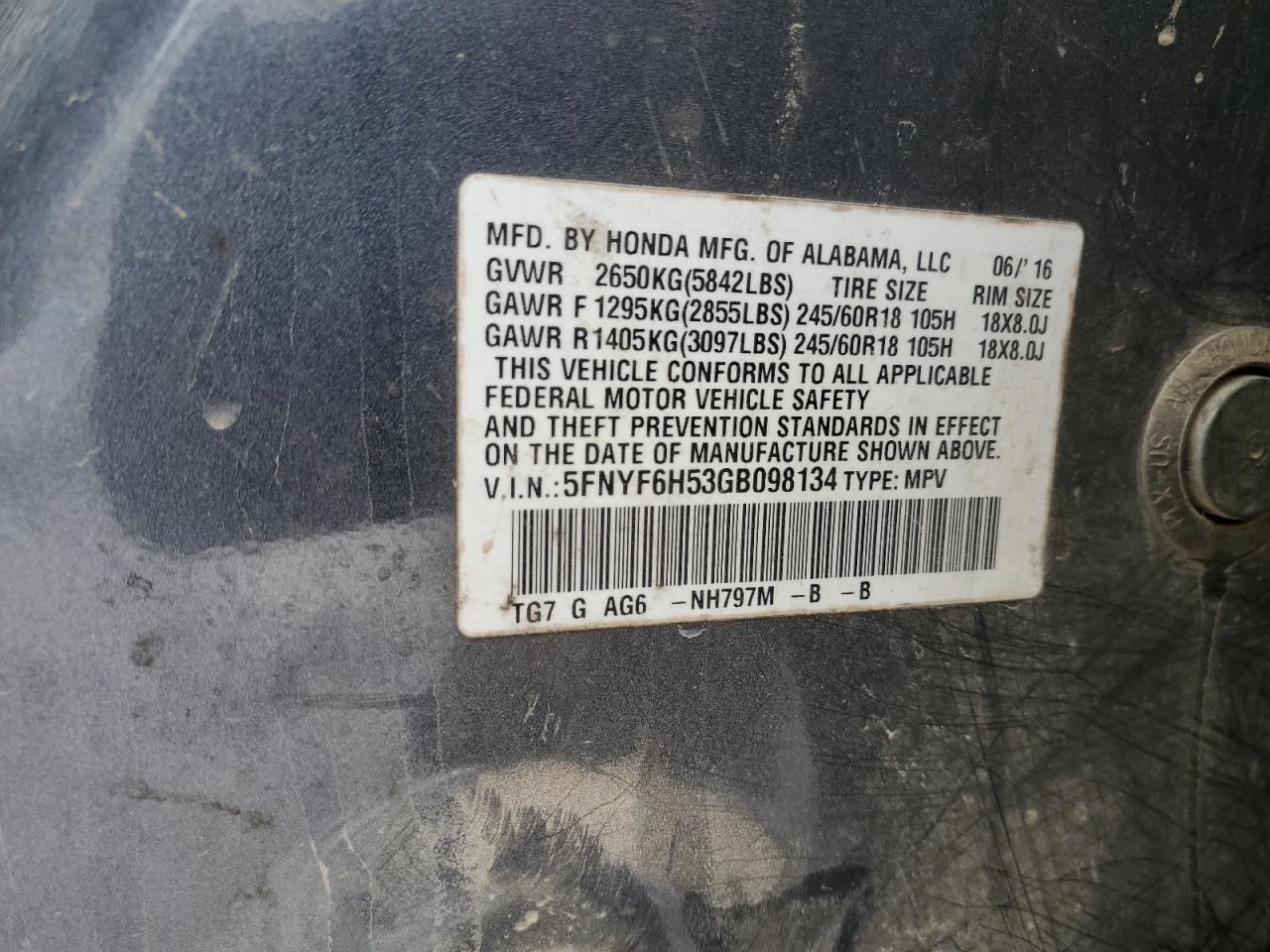 2016 Honda Pilot Exl VIN: 5FNYF6H53GB098134 Lot: 82149315