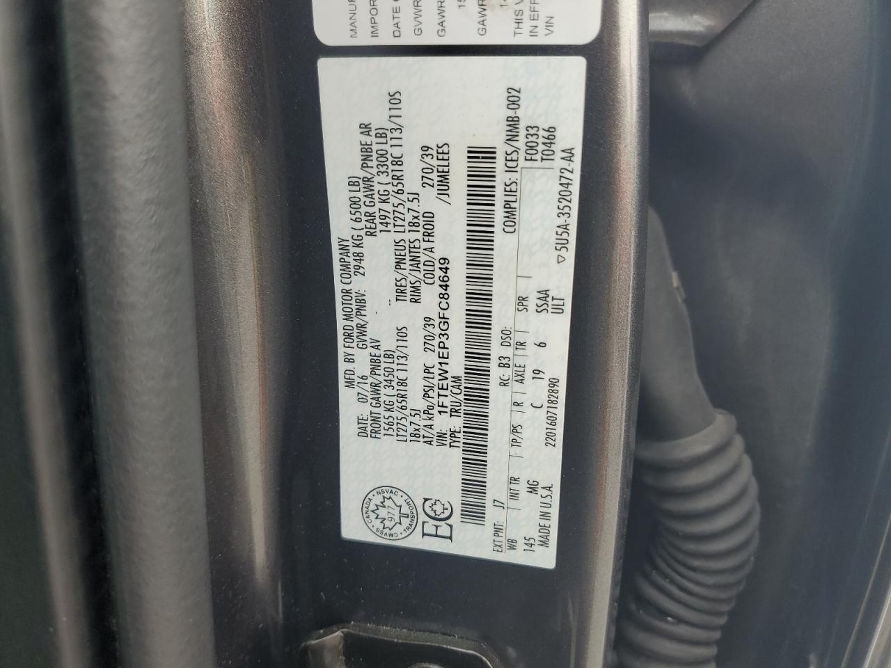 2016 Ford F150 Supercrew VIN: 1FTEW1EP3GFC84649 Lot: 81664455