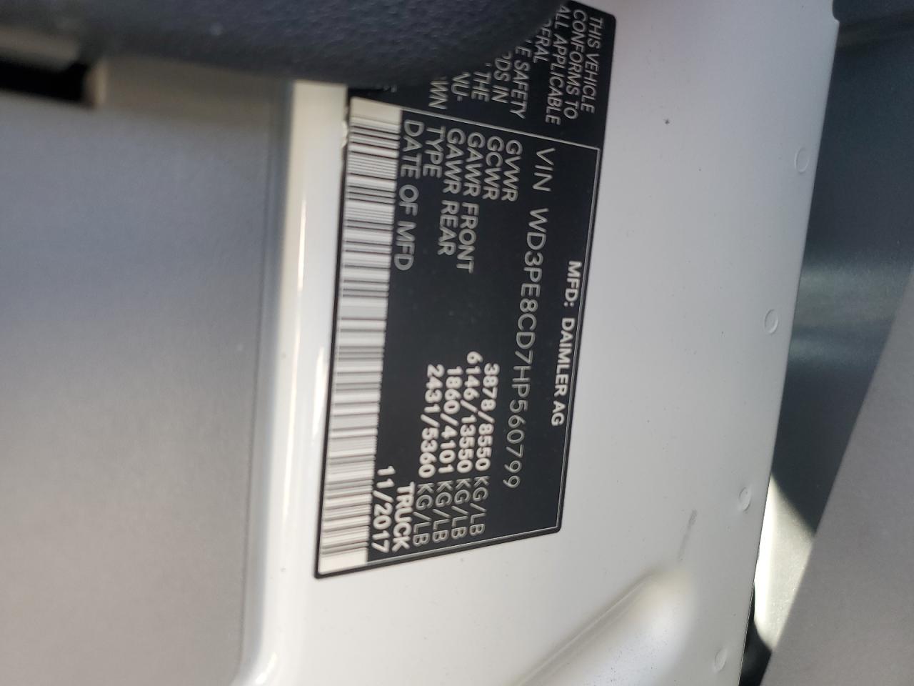 2017 Mercedes-Benz Sprinter 2500 VIN: WD3PE8CD7HP560799 Lot: 81404825