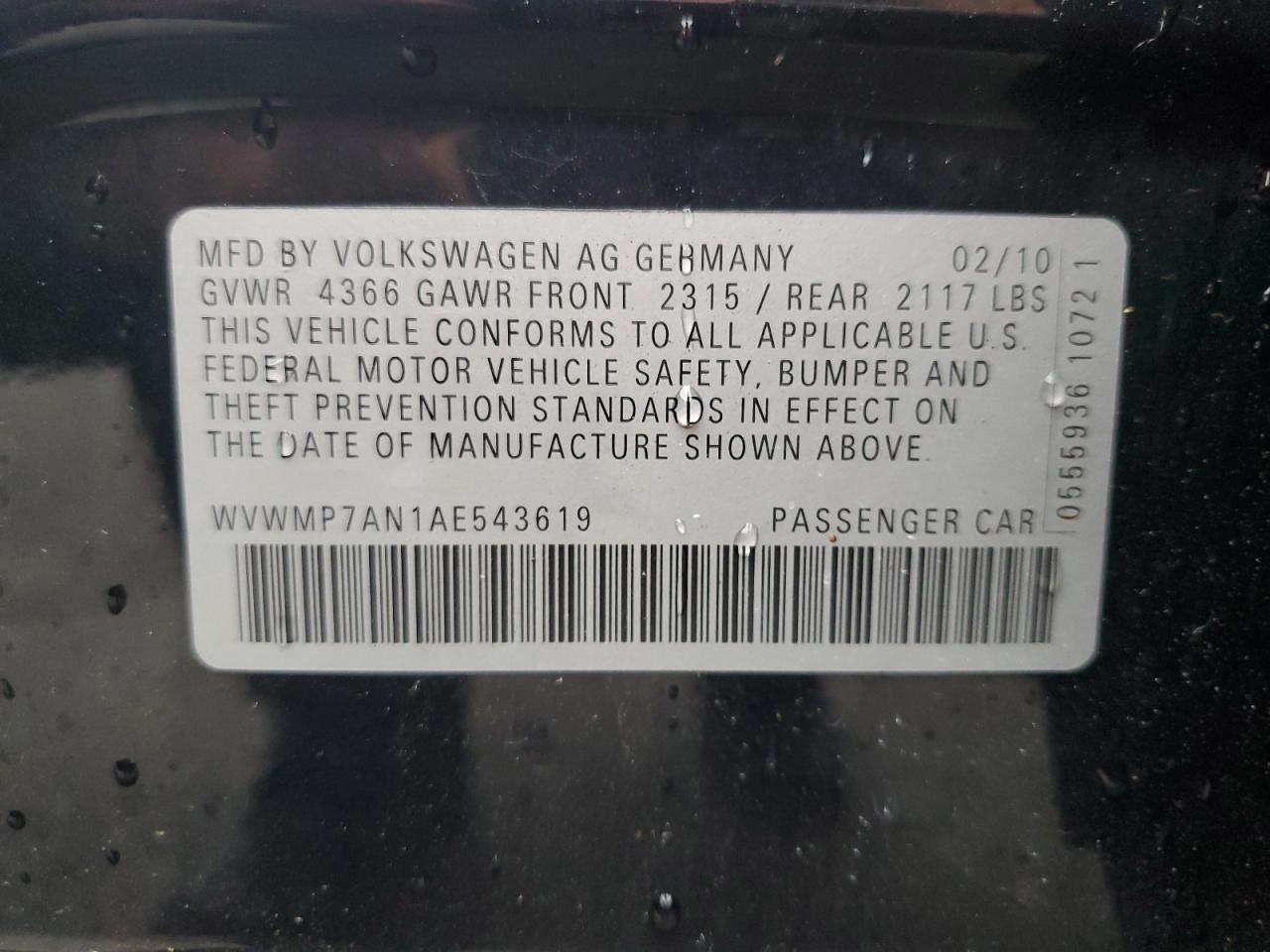 2010 Volkswagen Cc Sport VIN: WVWMP7AN1AE543619 Lot: 83805855