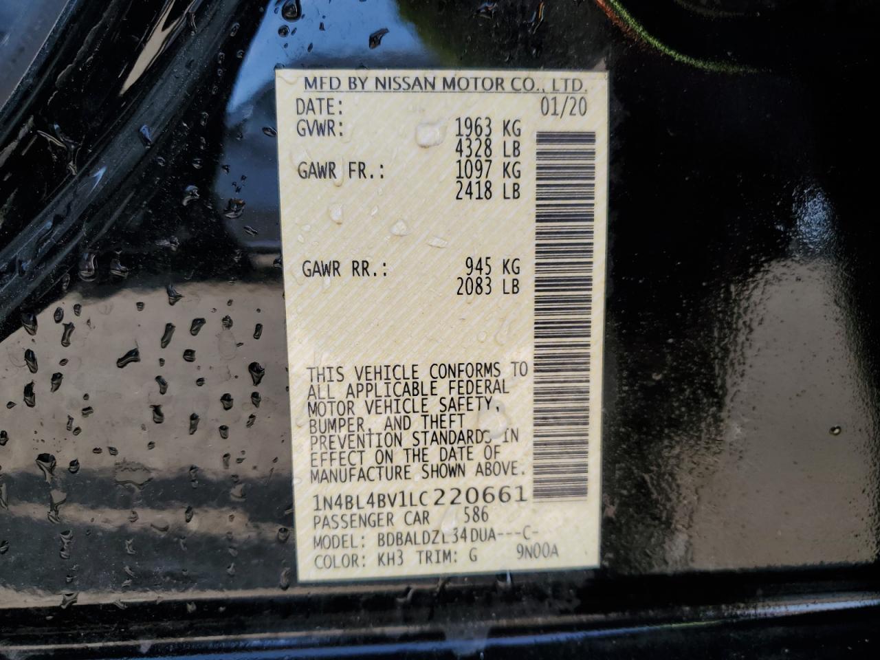 2020 Nissan Altima S VIN: 1N4BL4BV1LC220661 Lot: 72021695