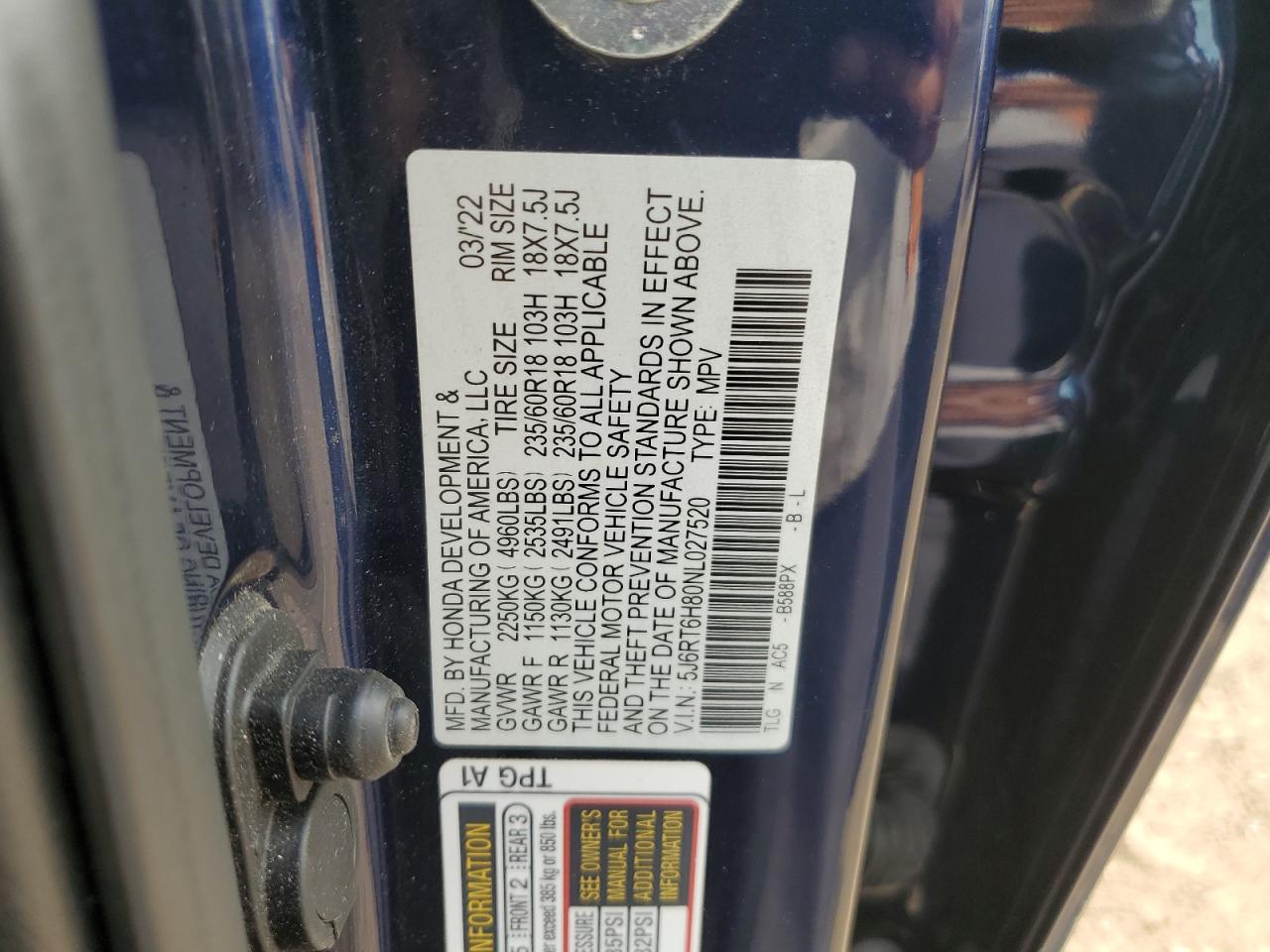 2022 Honda Cr-V Exl VIN: 5J6RT6H80NL027520 Lot: 81463655