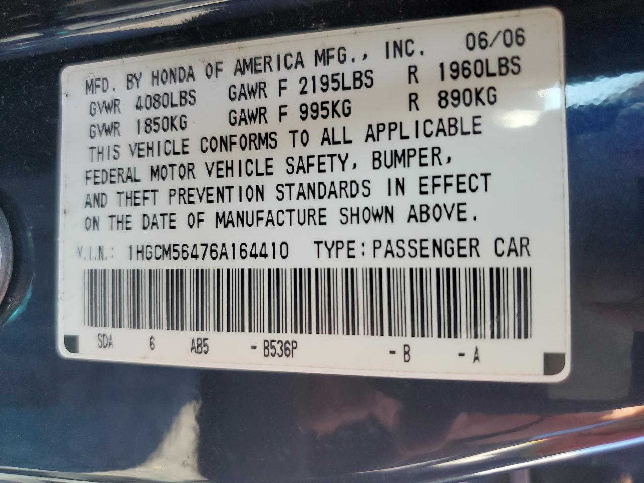 2006 Honda Accord Lx VIN: 1HGCM56476A164410 Lot: 81706185