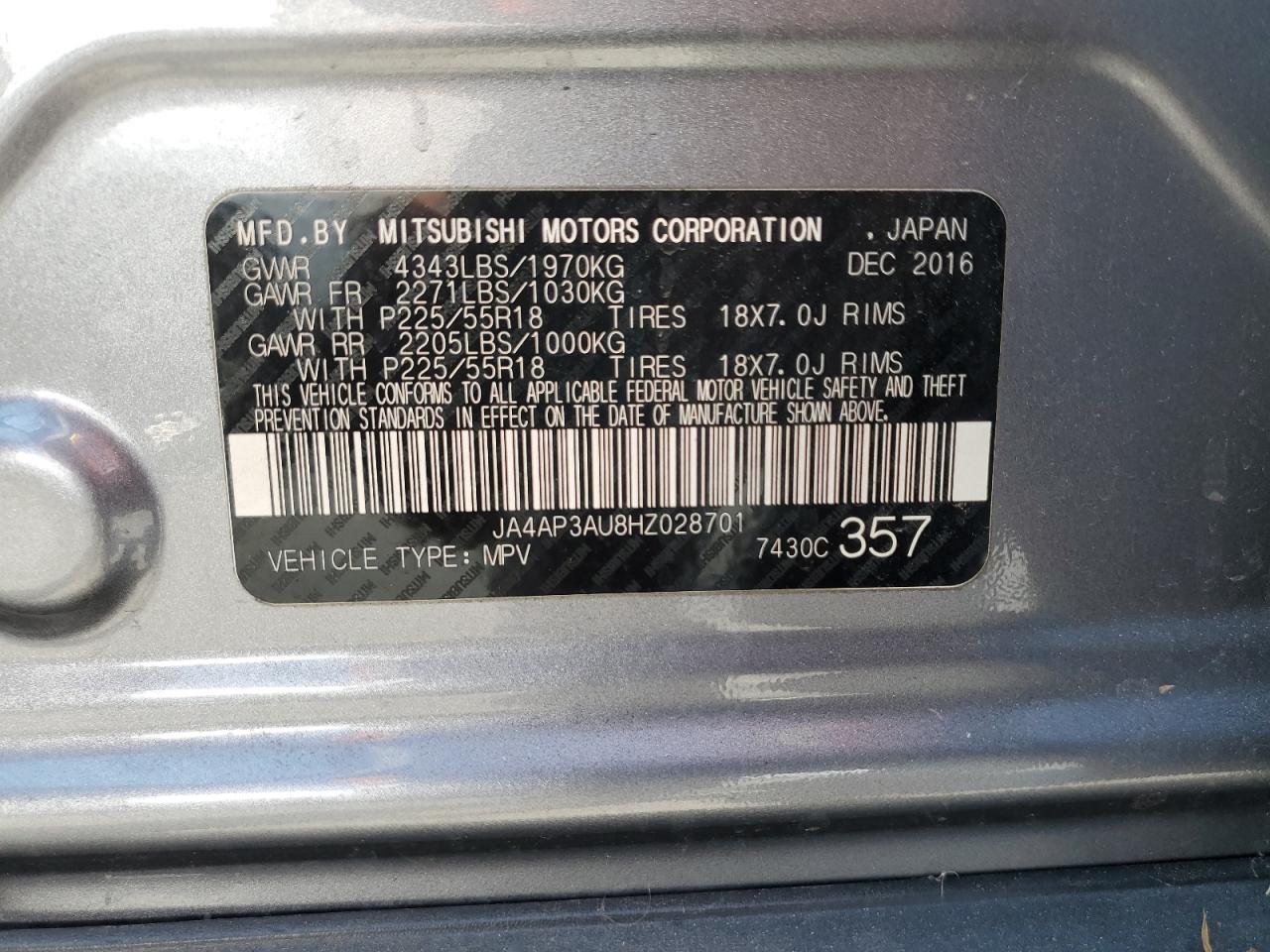 2017 Mitsubishi Outlander Sport Es VIN: JA4AP3AU8HZ028701 Lot: 71284095