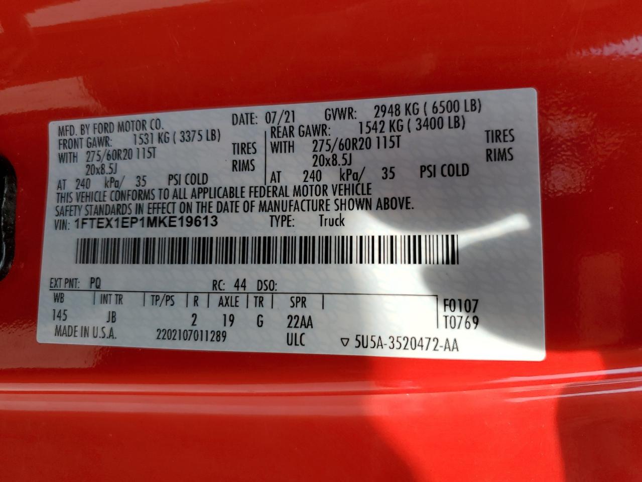 2021 Ford F150 Super Cab VIN: 1FTEX1EP1MKE19613 Lot: 80860225