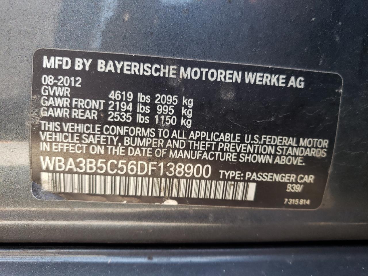 2013 BMW 328 Xi Sulev VIN: WBA3B5C56DF138900 Lot: 71041105