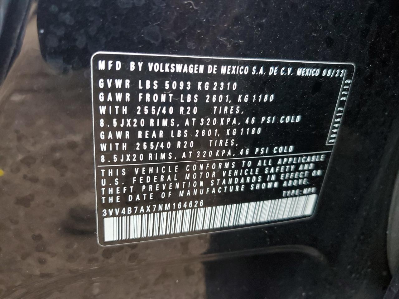 2022 Volkswagen Tiguan Sel R-Line VIN: 3VV4B7AX7NM164626 Lot: 81567795