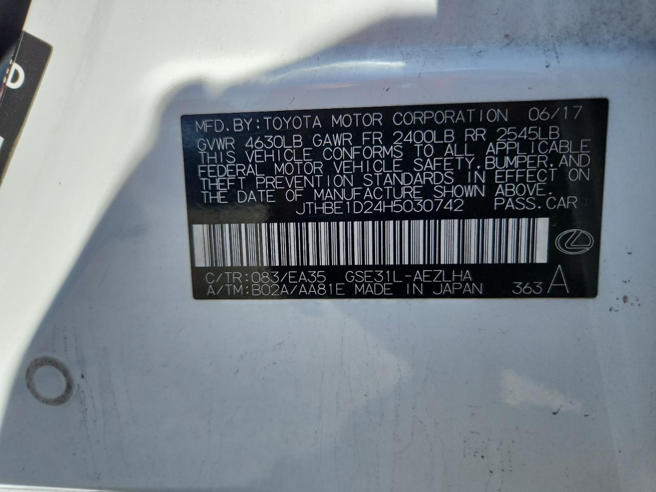 2017 Lexus Is 350 VIN: JTHBE1D24H5030742 Lot: 83746725