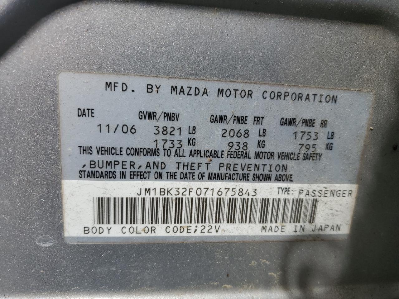 2007 Mazda 3 I VIN: JM1BK32F071675843 Lot: 80707825