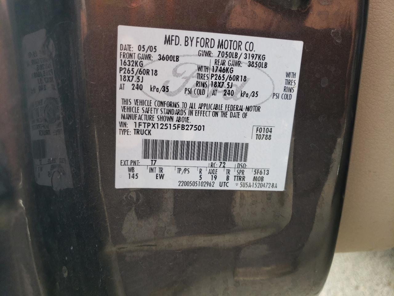 2005 Ford F150 VIN: 1FTPX12515FB27501 Lot: 84523385