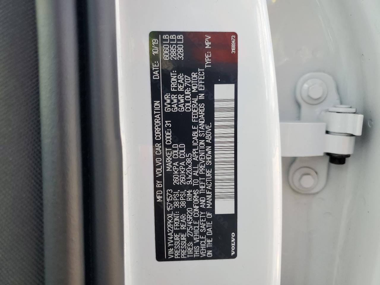 2020 Volvo Xc90 T6 Momentum VIN: YV4A22PKXL1571573 Lot: 70442325