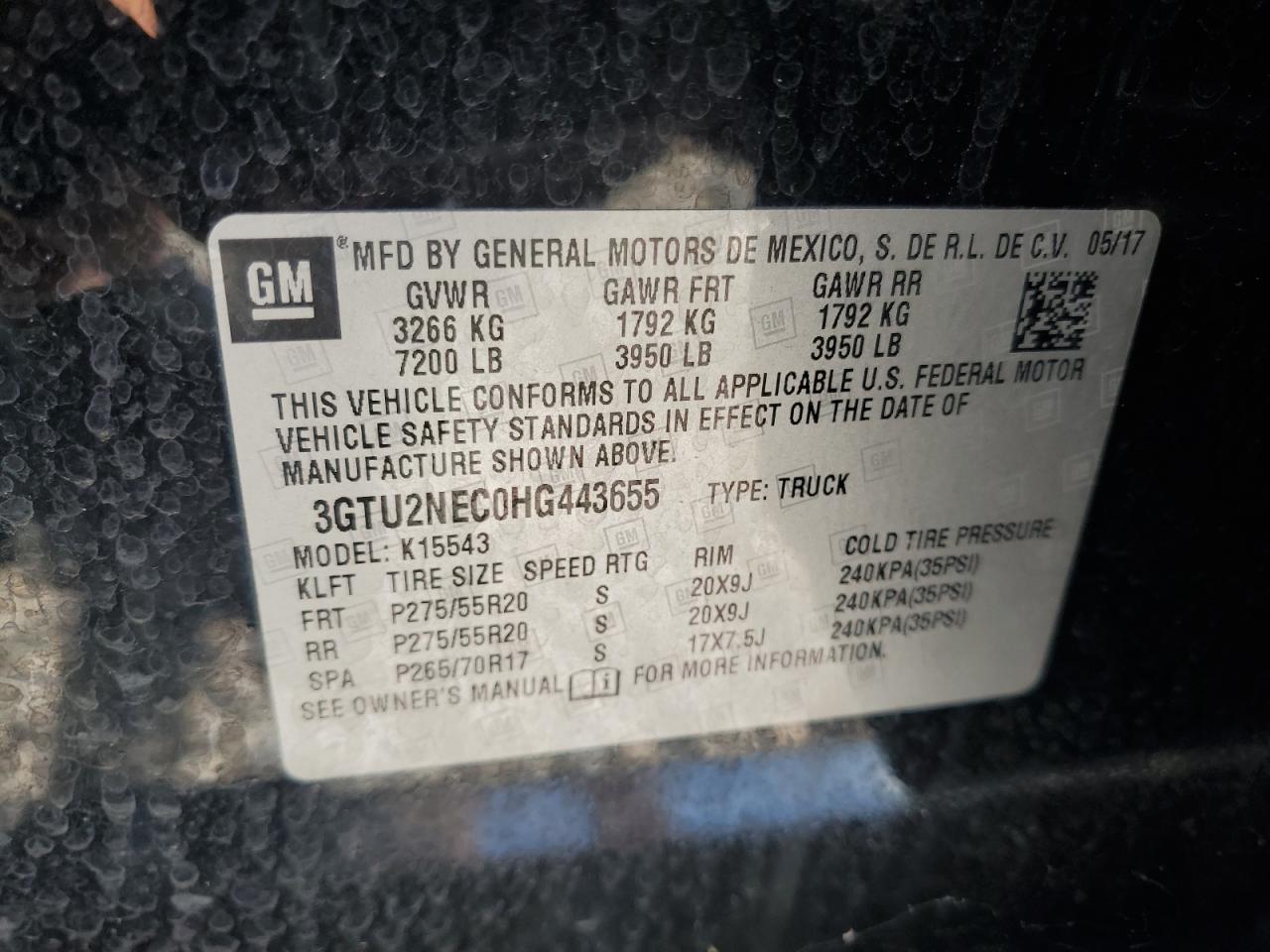 2017 GMC Sierra K1500 Slt VIN: 3GTU2NEC0HG443655 Lot: 80115275