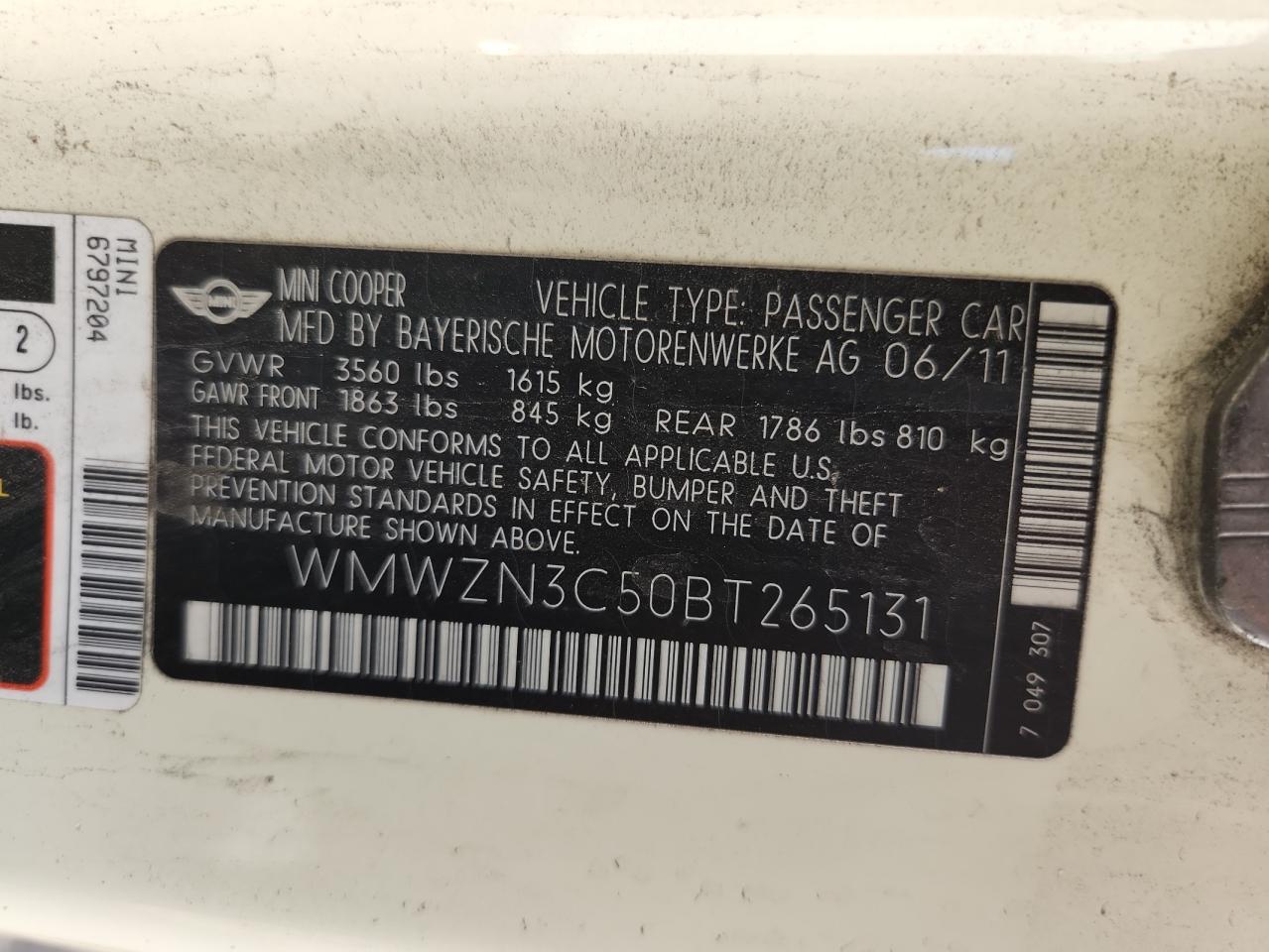 2011 Mini Cooper VIN: WMWZN3C50BT265131 Lot: 80729135