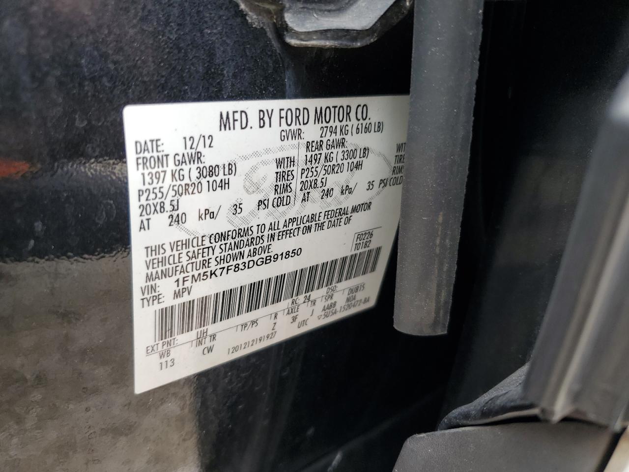 2013 Ford Explorer Limited VIN: 1FM5K7F83DGB91850 Lot: 81148525