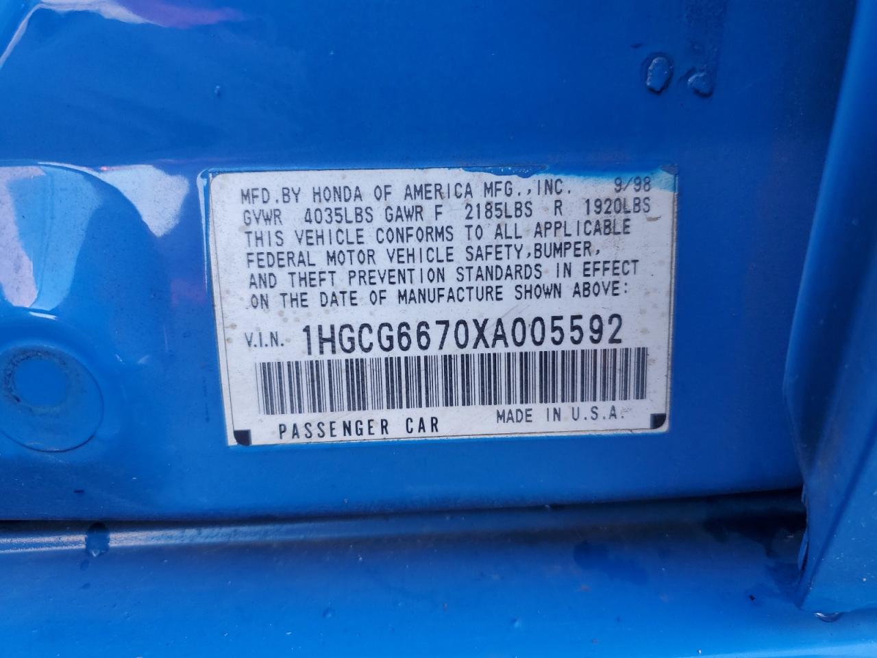 1999 Honda Accord Ex VIN: 1HGCG6670XA005592 Lot: 84206845
