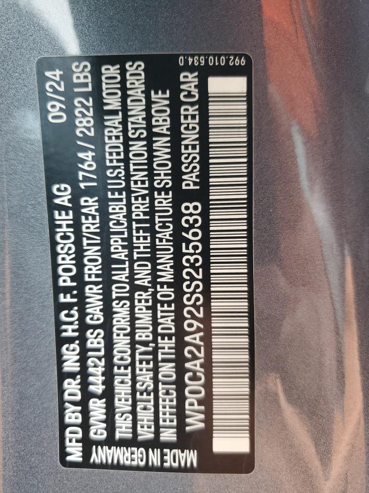 2025 Porsche 911 Carrera VIN: WP0CA2A92SS235638 Lot: 83797305