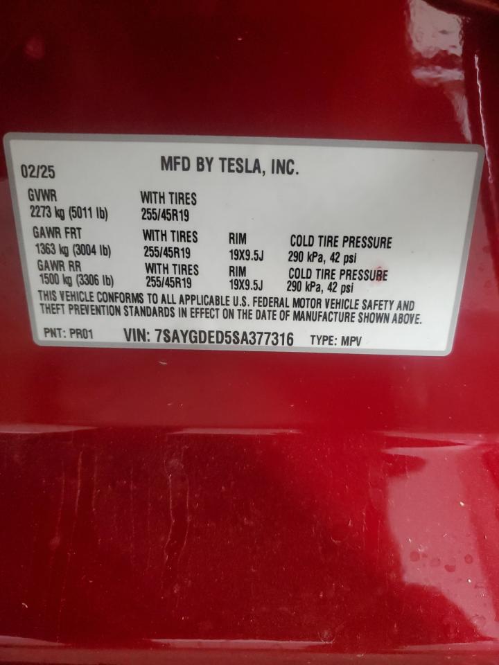 2025 Tesla Model Y VIN: 7SAYGDED5SA377316 Lot: 82024825