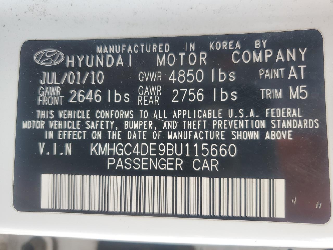 2011 Hyundai Genesis 3.8L VIN: KMHGC4DE9BU115660 Lot: 71825455