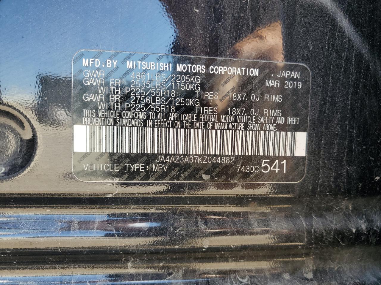 2019 Mitsubishi Outlander Se VIN: JA4AZ3A37KZ044882 Lot: 81572355