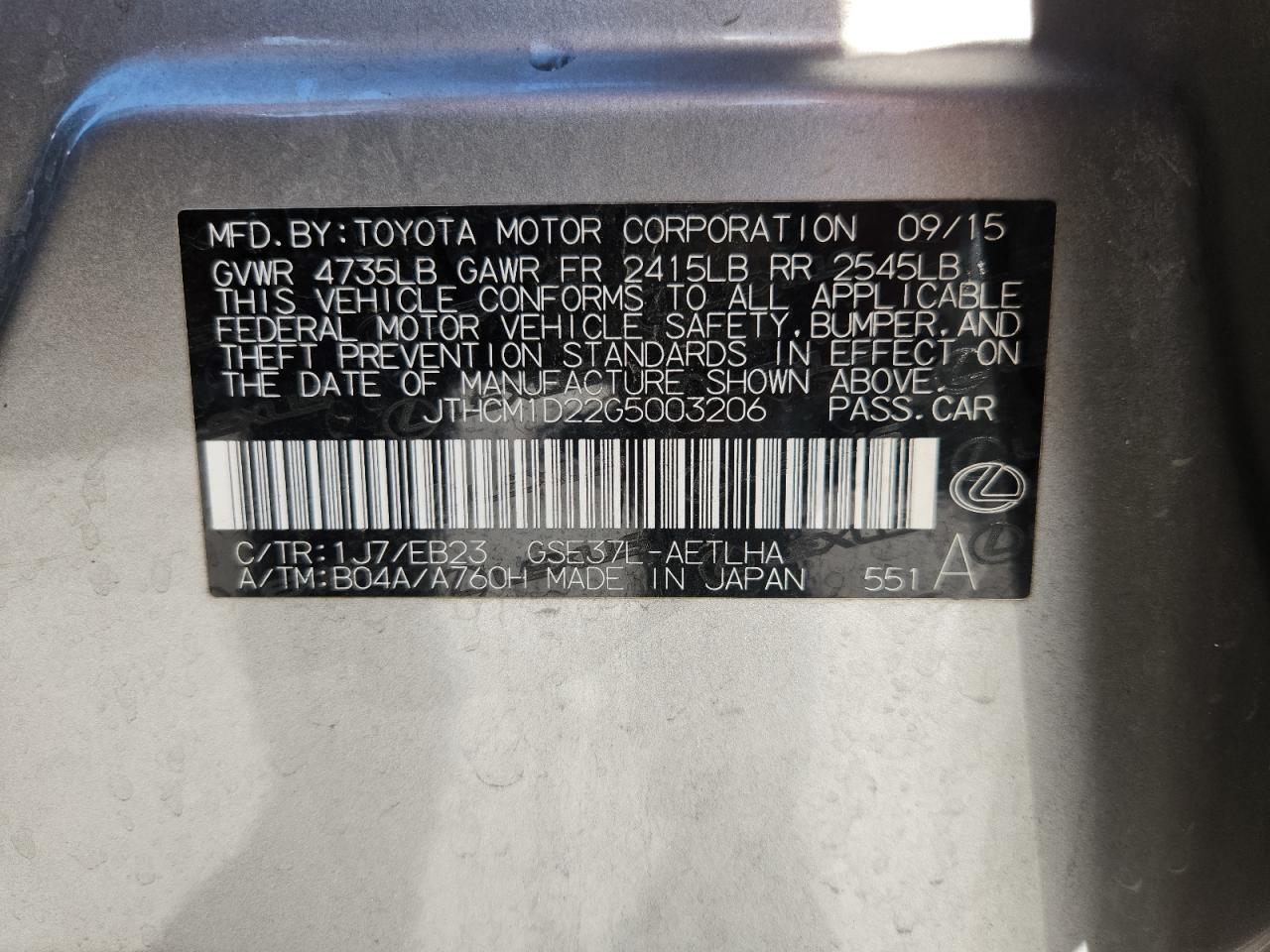 2016 Lexus Is 300 VIN: JTHCM1D22G5003206 Lot: 80414075