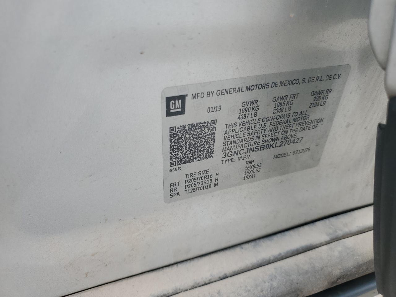 2019 Chevrolet Trax Ls VIN: 3GNCJNSB9KL270427 Lot: 81367075