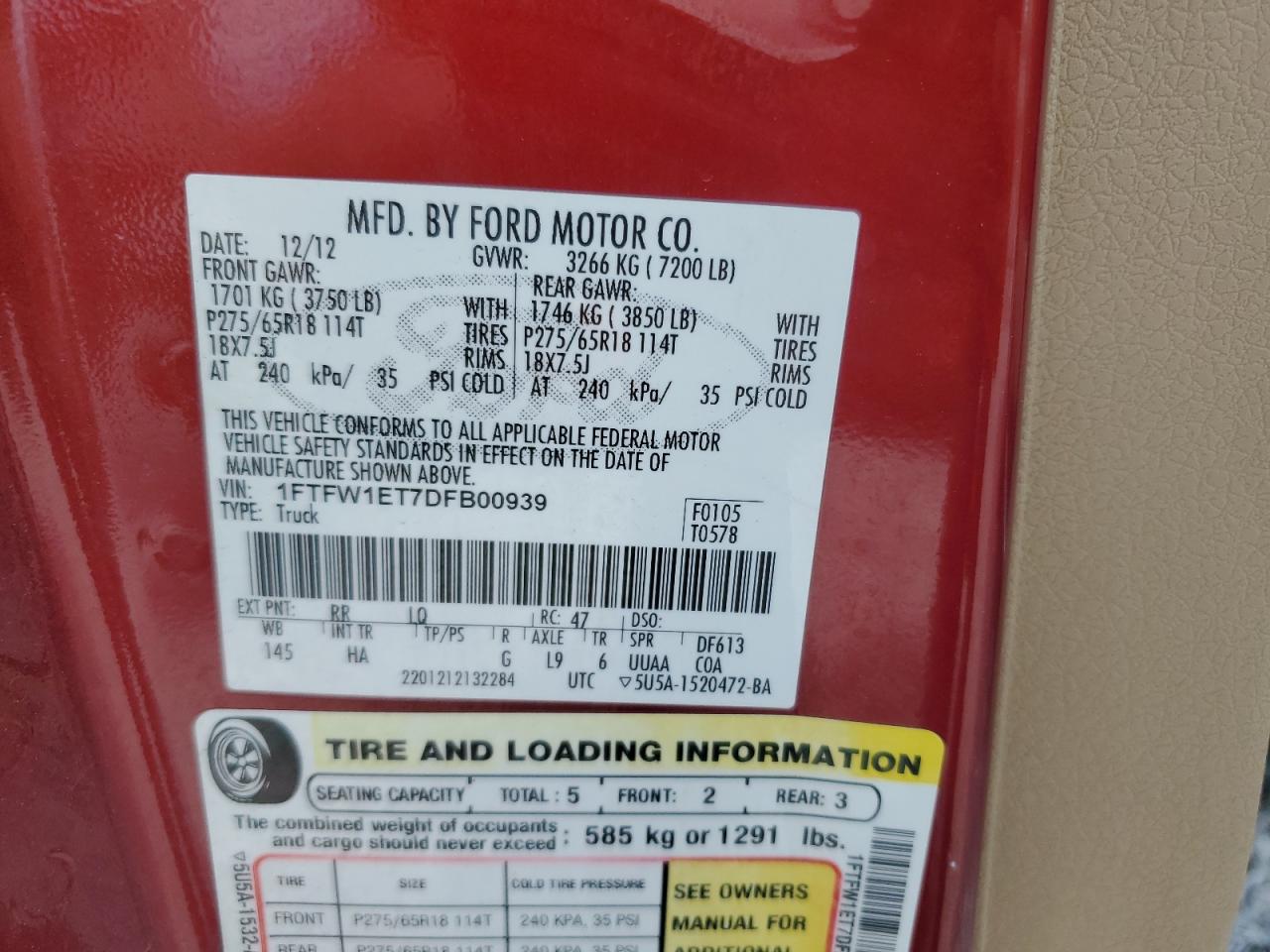 2013 Ford F150 Supercrew VIN: 1FTFW1ET7DFB00939 Lot: 70552095