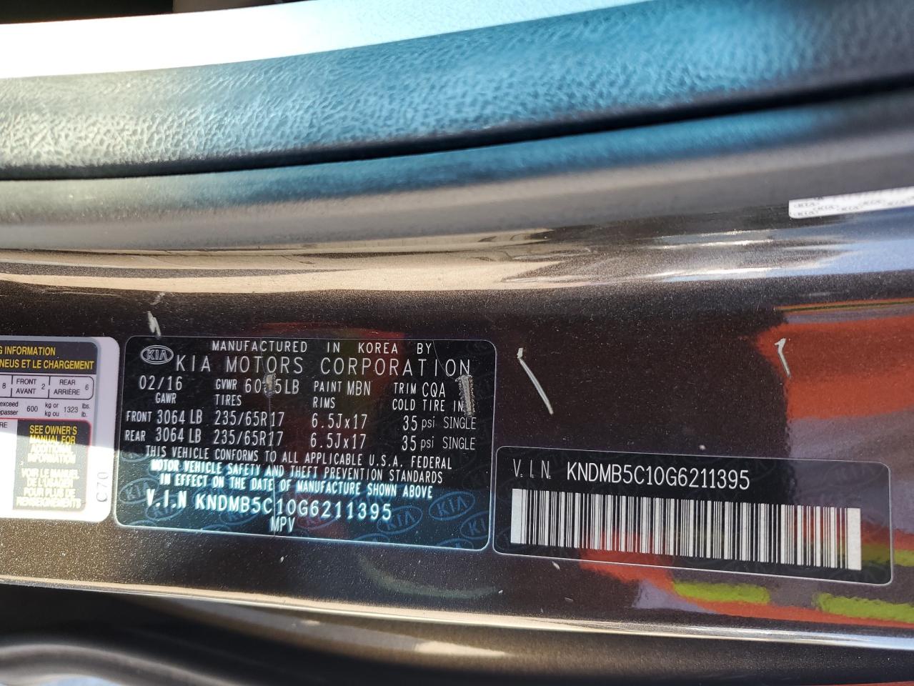 2016 Kia Sedona Lx VIN: KNDMB5C10G6211395 Lot: 70983595