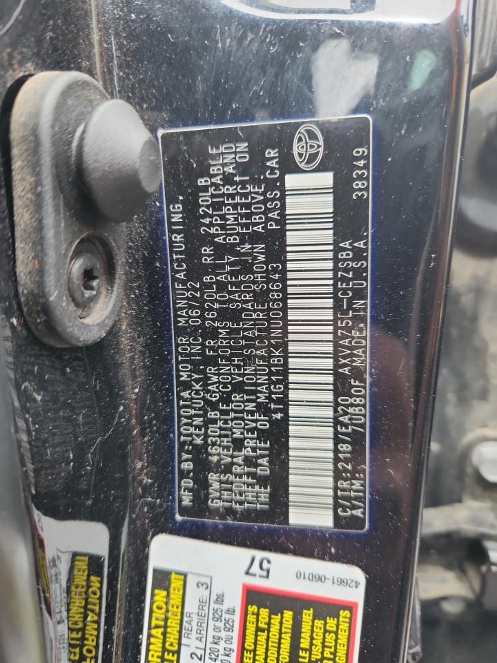 2022 Toyota Camry Se VIN: 4T1G11BK1NU068643 Lot: 80522695