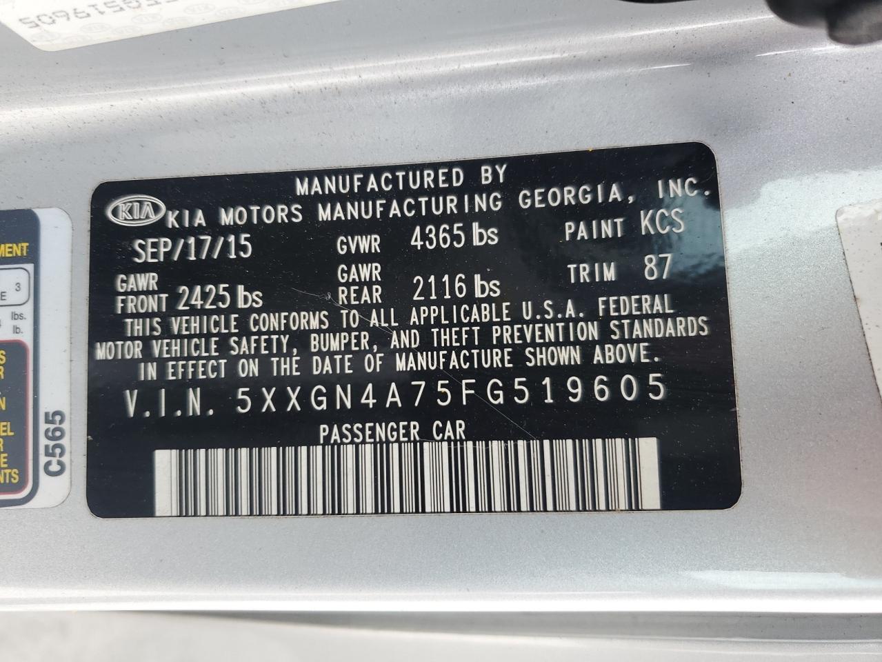 2015 Kia Optima Ex VIN: 5XXGN4A75FG519605 Lot: 84589135