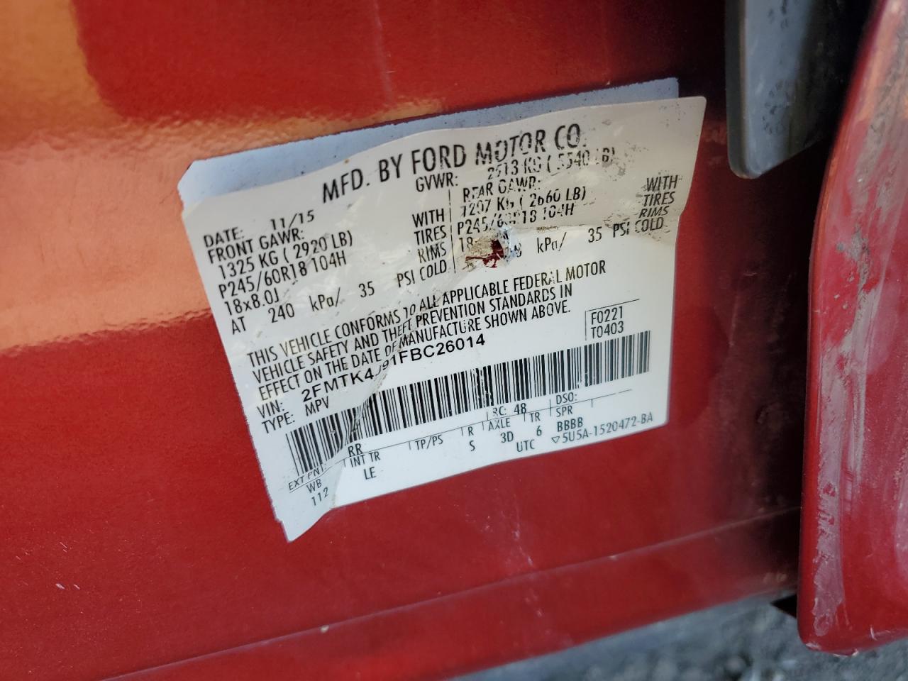 2015 Ford Edge Sel VIN: 2FMTK4J91FBC26014 Lot: 84559475