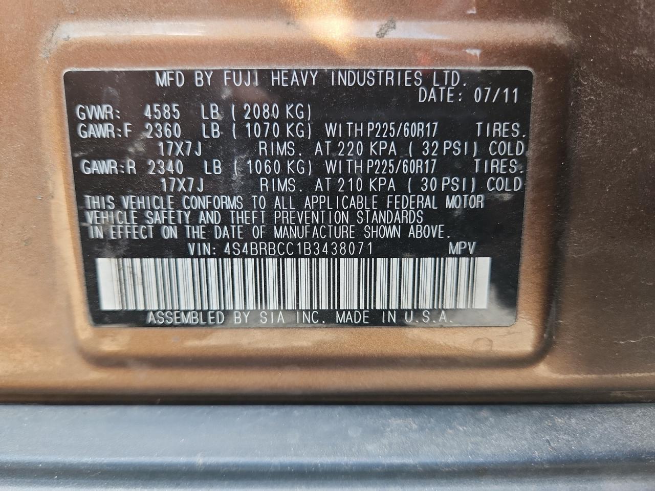 2011 Subaru Outback 2.5I Premium VIN: 4S4BRBCC1B3438071 Lot: 81746555