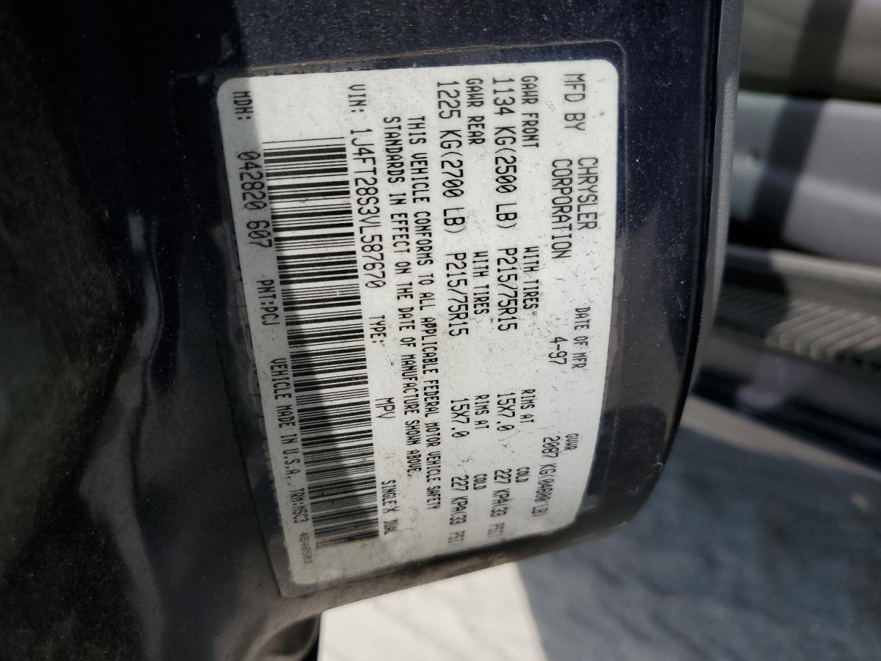 1997 Jeep Cherokee Se VIN: 1J4FT28S3VL587670 Lot: 81264105