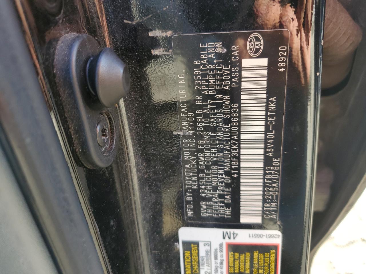 2010 Toyota Camry Base VIN: 4T1BF3EK7AU086836 Lot: 70816475