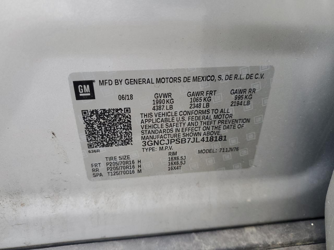 2018 Chevrolet Trax 1Lt VIN: 3GNCJPSB7JL418181 Lot: 71402025