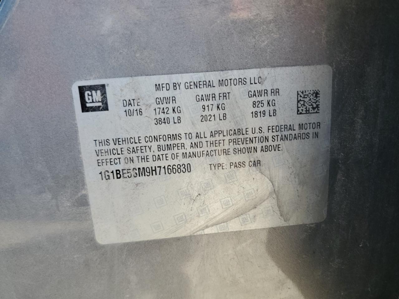 2017 Chevrolet Cruze Lt VIN: 1G1BE5SM9H7166830 Lot: 80935845