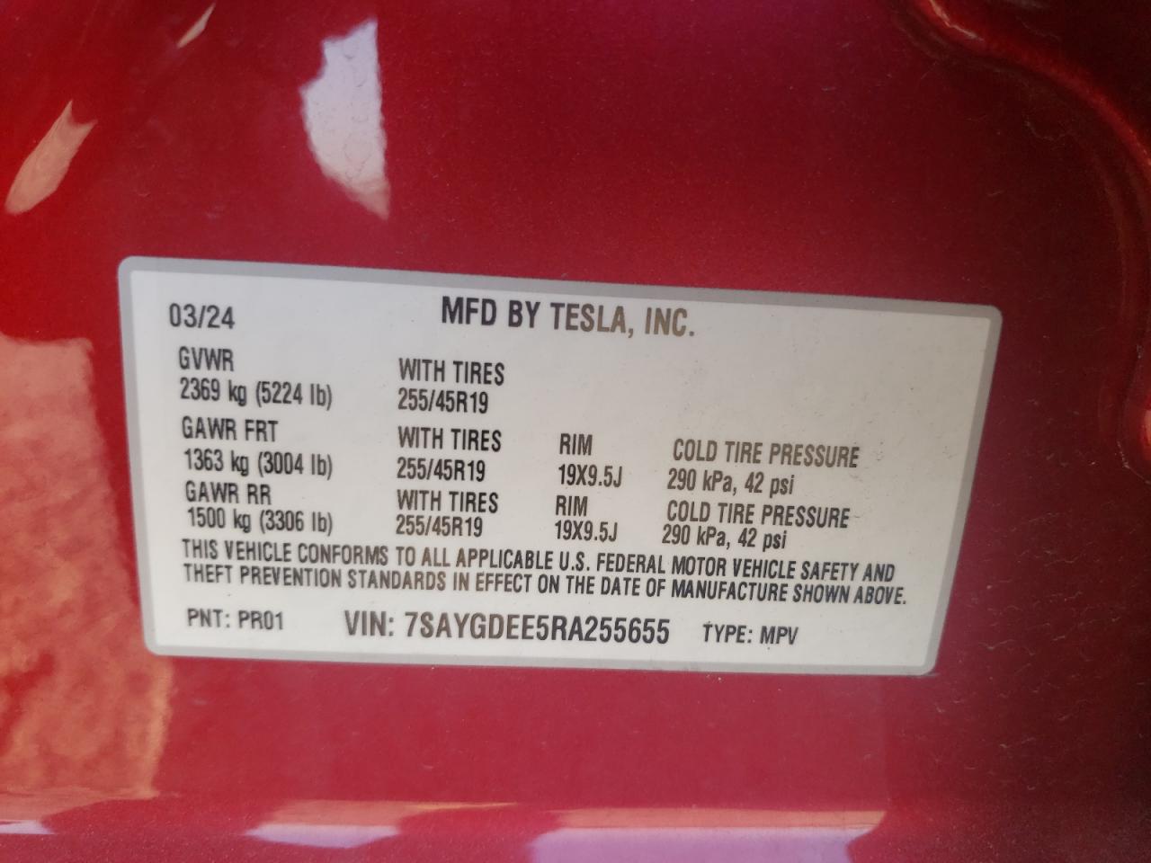 2024 Tesla Model Y VIN: 7SAYGDEE5RA255655 Lot: 81294385