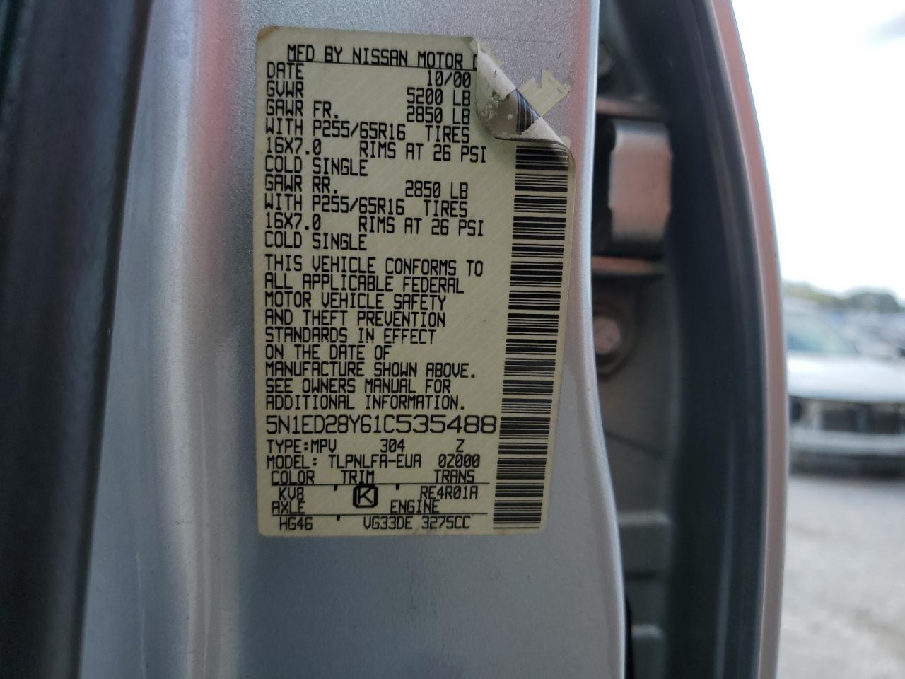 2001 Nissan Xterra Xe VIN: 5N1ED28Y61C535488 Lot: 70904055