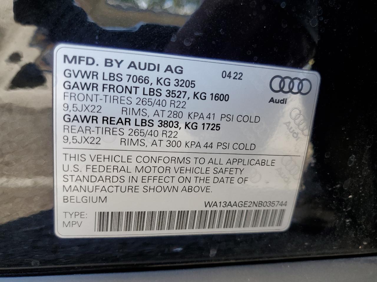 2022 Audi E-Tron Sportback Prestige VIN: WA13AAGE2NB035744 Lot: 82071945