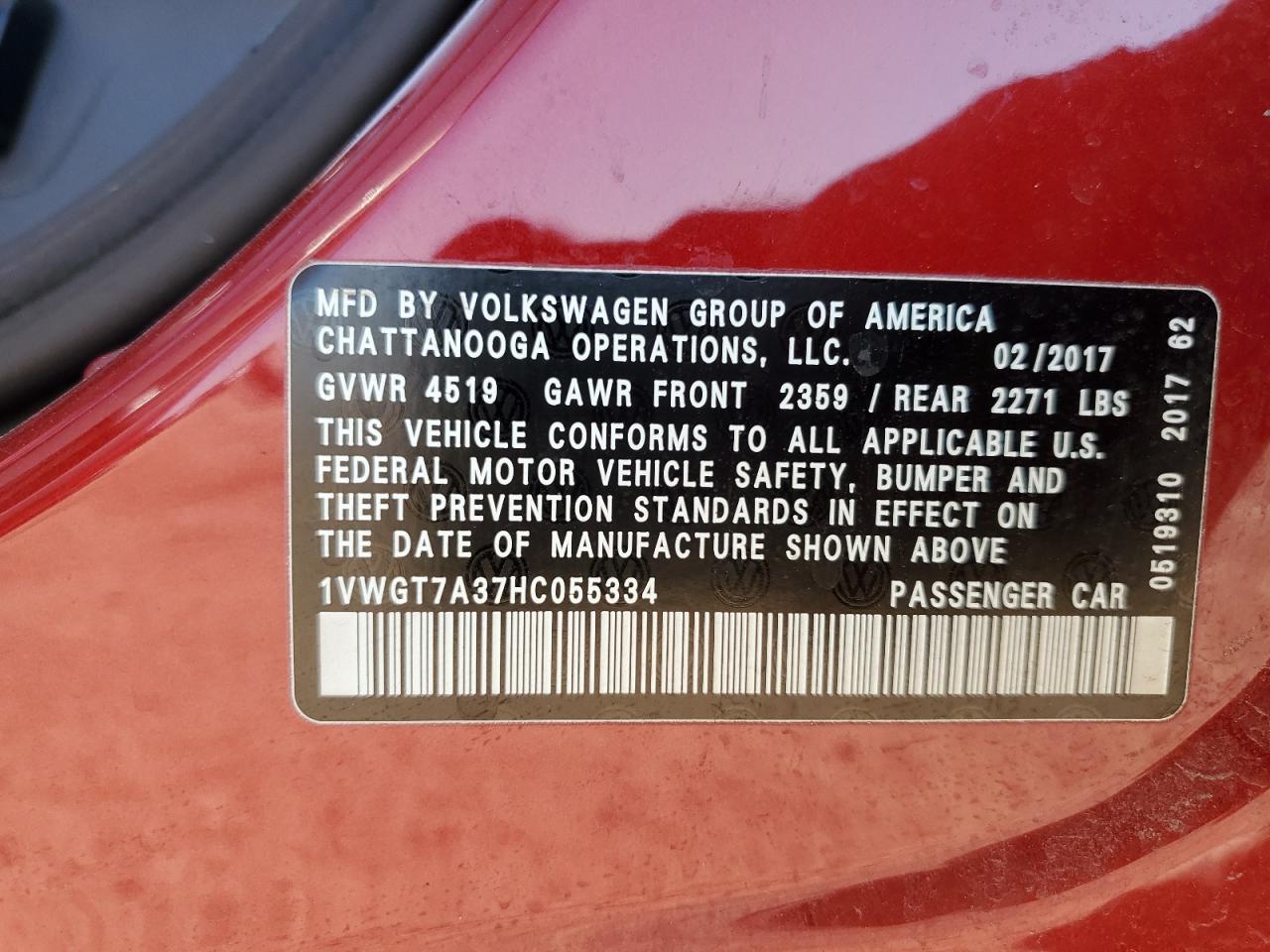 2017 Volkswagen Passat Se VIN: 1VWGT7A37HC055334 Lot: 71239515