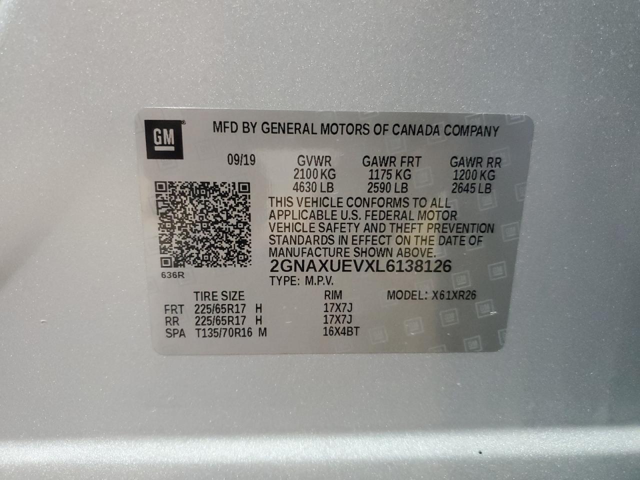 2020 Chevrolet Equinox Lt VIN: 2GNAXUEVXL6138126 Lot: 83910385