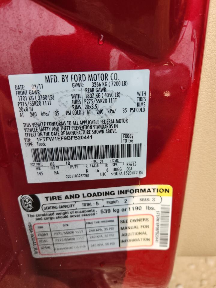 2011 Ford F150 Supercrew VIN: 1FTFW1EF9BFB20441 Lot: 71222045