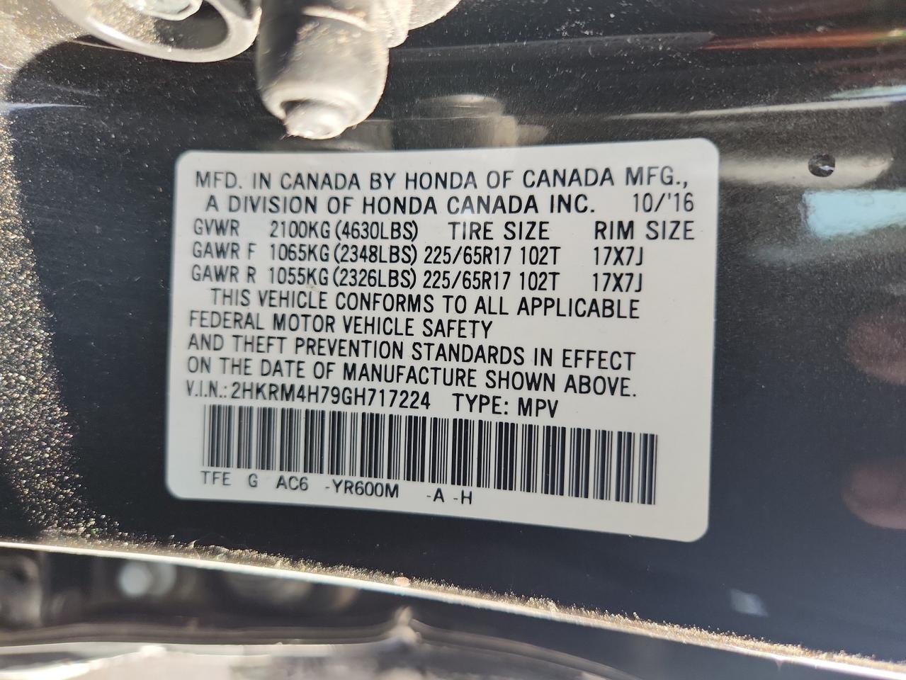 2016 Honda Cr-V Exl VIN: 2HKRM4H79GH717224 Lot: 72009565